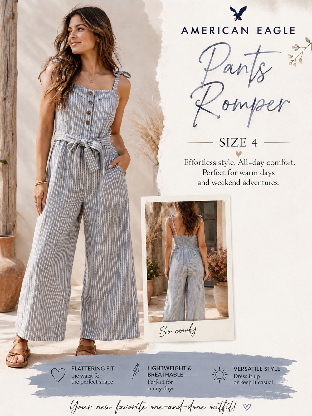 American Eagle Outfitters Blue and White Striped Tie-Waist Pants Romper